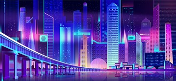 Night city with neon lights and bridge above water bay surface. Futuristic illuminated urban architecture, panoramic view cityscape, modern megapolis buildings exterior. Cartoon vector Illustration