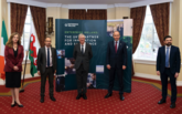 Marina Donohoe, Director UK and Northern Europe at Enterprise Ireland, Transport for Wales CEO James Price, First Minister of Wales Mark Drakeford, Irish Taoiseach Micheál Martin and CitySwift COO Alan Farrelly (left-right)
